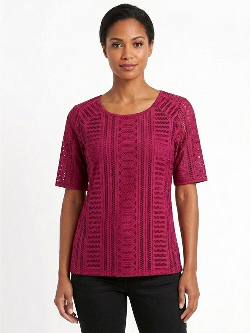 Dana Buchman Open-Knit Short Sleeve Burgundy Top